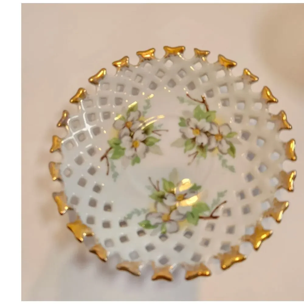 3 Legged China Teacup and Reticulated Saucer Dogwood Floral Gold tipped Japan